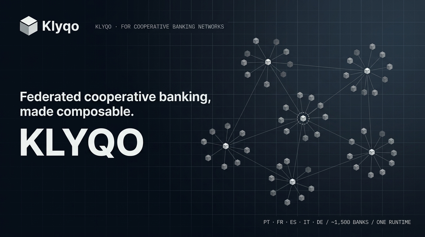 Federated cooperative banking, made composable. A constellation of small geometric nodes clustered into five federations (Portugal, France, Spain, Italy, Germany), connected through a central runtime.